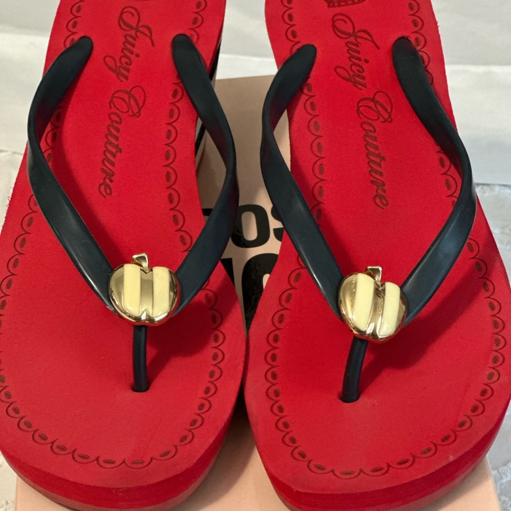 Juicy Couture Red and Navy Blue Wedge Sandals with Gold Accent
